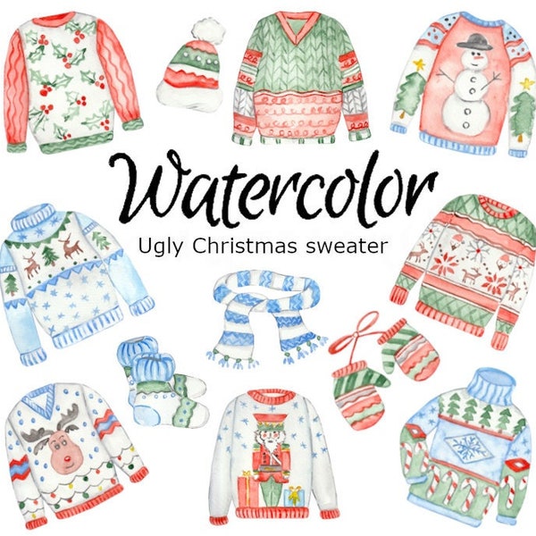 WATERCOLOR CLIPART, ugly christmas sweaters on the farm scrapbooking png, graphics, watercolour, illustration sketch painting clip art red