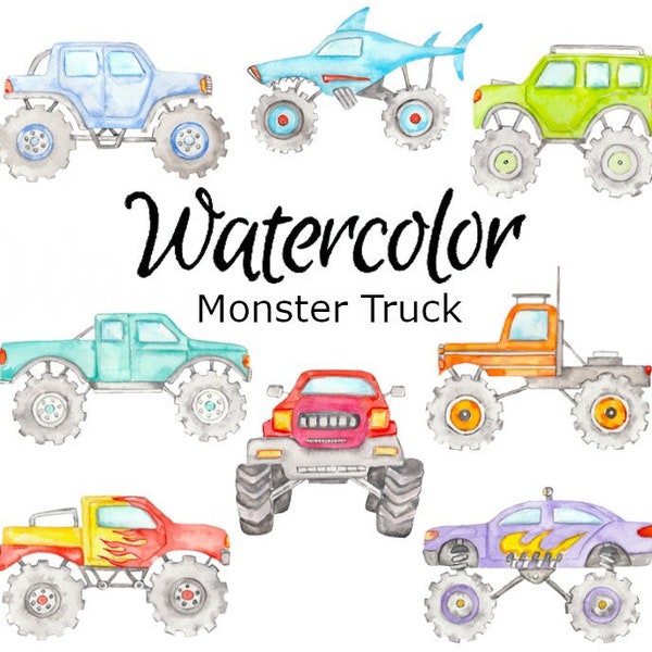 WATERCOLOR CLIPART, monster truck vehicles art cars tractor png, graphics, watercolour, illustration sketch painting clip art van bus truck