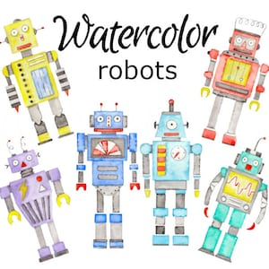 Puede incluir: Ilustración de acuarela de seis robots en varios colores, incluyendo amarillo, rojo, azul, morado y verde. Los robots tienen diferentes características, como antenas, engranajes y luces. El texto "Watercolor robots" está escrito sobre los robots.
