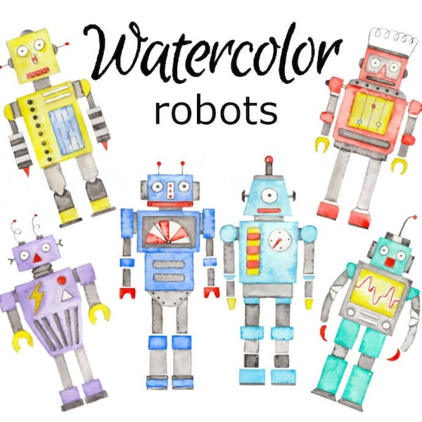 WATERCOLOR CLIPART, robots art scrapbooking library png, graphics, watercolour, illustration sketch painting clip art technology science