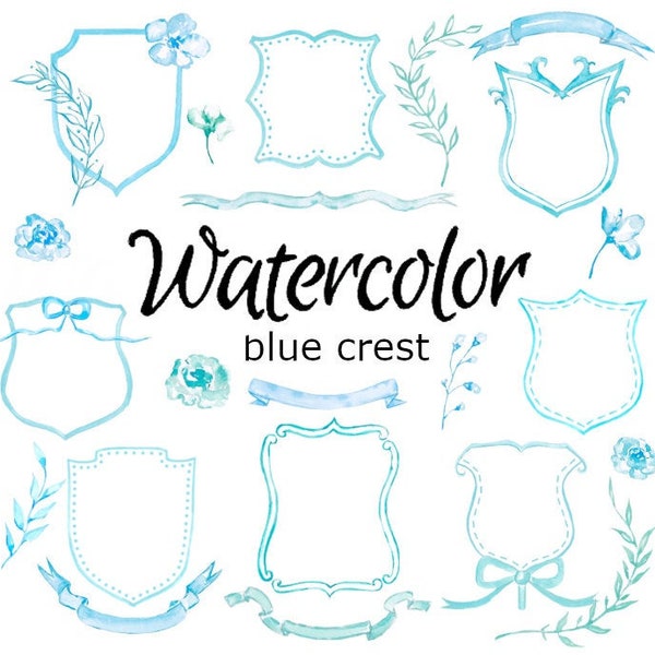 WATERCOLOR CLIPART Watercolor Romantic blue crest collection frames, ribbons and floral arrangements painting clip art wedding vintage