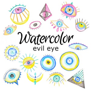 WATERCOLOR CLIPART evil eye art scrapbooking png graphics watercolour illustration sketch painting clip devil bad bed fatima hamsa boho