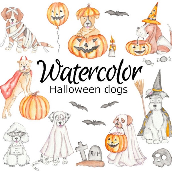 WATERCOLOR CLIPART Halloween dogs pumpkins png graphics watercolour illustration sketch painting clip art halloween baby shower nursery