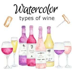 WATERCOLOR CLIPART, types of wine art scrapbooking png, graphics, watercolour, illustration sketch painting clip alcohol drink bar menu
