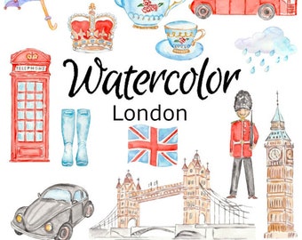 WATERCOLOR CLIPART,  London scrapbooking png graphics watercolour illustration sketch painting clip art city bus sightseen bridge telephone