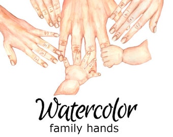 WATERCOLOR CLIPART family hands art scrapbooking png, graphics watercolour illustration sketch painting clip customized custom portrait card