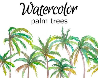 WATERCOLOR CLIPART, palm trees scrapbooking forest png, graphics, watercolour, illustration sketch painting clip art green beach landscape