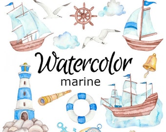 Op de afbeelding: Waterverf illustraties van nautische voorwerpen, waaronder een vuurtoren, schepen, een kompas, een anker, een reddingsboei, een telescoop, een bel en meeuwen. De tekst "Watercolor marine" is in zwart geschreven.