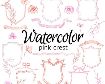 WATERCOLOR CLIPART Watercolor Romantic crest collection, crest frames, ribbons and floral arrangements painting clip art wedding vintage