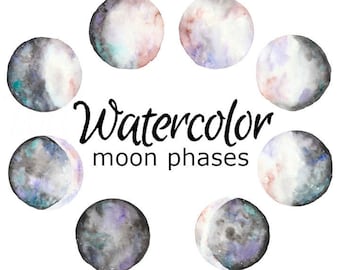 WATERCOLOR CLIPART moon phases space art scrapbooking png graphics watercolour illustration sketch painting clip star sky crescent celestial