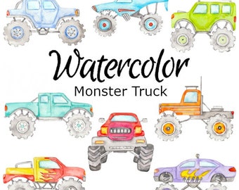 WATERCOLOR CLIPART, monster truck vehicles art cars tractor png, graphics, watercolour, illustration sketch painting clip art van bus truck