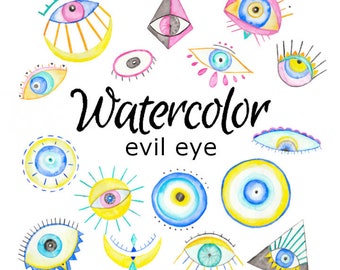 May include: Watercolor illustrations of various evil eye designs in different colors and patterns. The text "Watercolor evil eye" is written in black below the images.