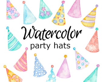 WATERCOLOR CLIPART party hats art scrapbooking png, graphics, watercolour, illustration sketch painting clip birthday party card pom pom