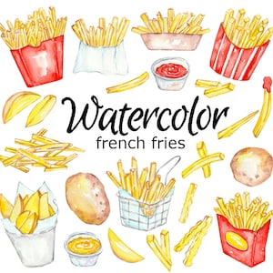 WATERCOLOR CLIPART, french fries food scrapbooking png graphics watercolour illustration sketch painting clip art potatoe fast fry hotdog