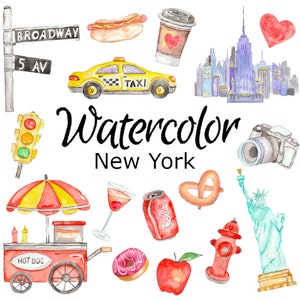 AQUARELL CLIPART, New York Essen Scrapbooking png Grafik Aquarell Illustration Skizze Malerei Clip Art Stadt Donut Fast Burger Hotdog