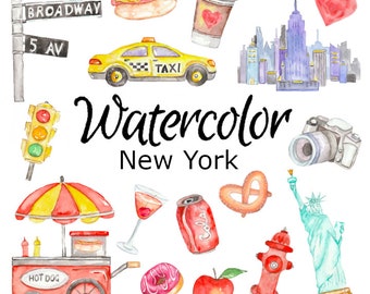 WATERCOLOR CLIPART,  New York food scrapbooking png graphics watercolour illustration sketch painting clip art city donut fast burger hotdog