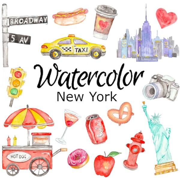 WATERCOLOR CLIPART,  New York food scrapbooking png graphics watercolour illustration sketch painting clip art city donut fast burger hotdog