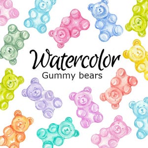 Könnte beinhalten: Aquarell-Illustration von bunten Gummibärchen in verschiedenen Farben, darunter Rosa, Blau, Grün, Gelb und Orange. Der Text "Watercolor Gummy bears" befindet sich in der Mitte des Bildes.