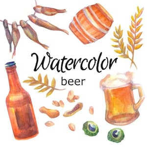 以下が含まれることがあります： 水彩画のビールとスナックのセットのイラスト。セットには、ビール瓶、ビールグラス、樽、干物、ピーナッツ、小麦の穂が含まれています。テキスト「Watercolor beer」は黒で書かれています。