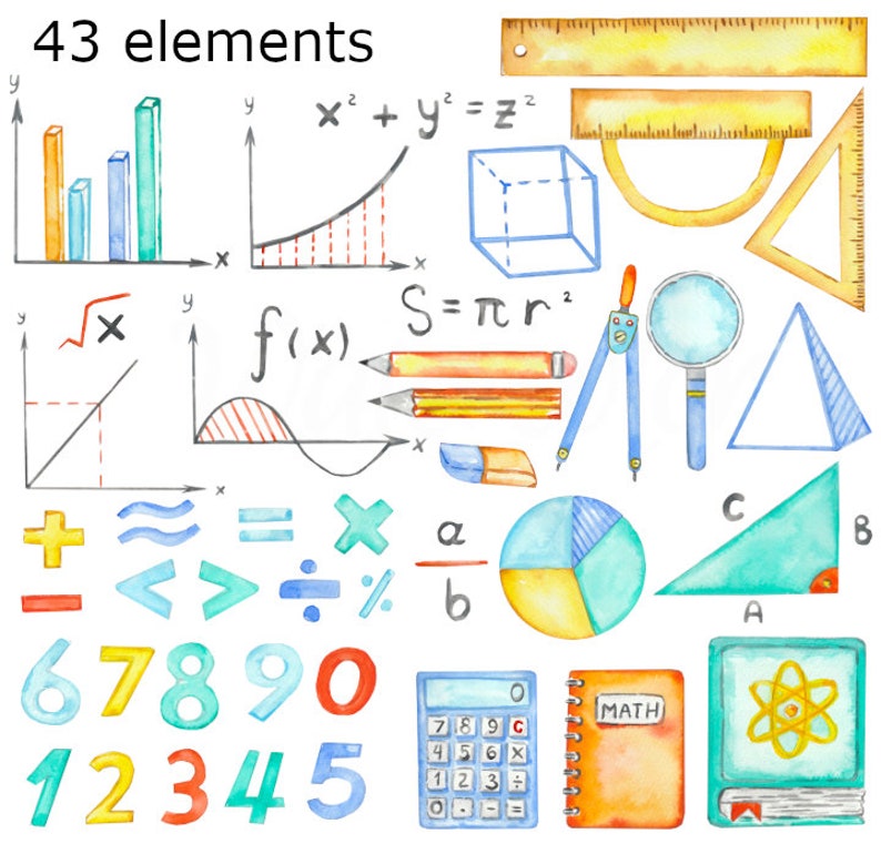 WATERCOLOR CLIPART, math school art scrapbooking play ground png, graphics, watercolour illustration sketch painting clip art book science image 2