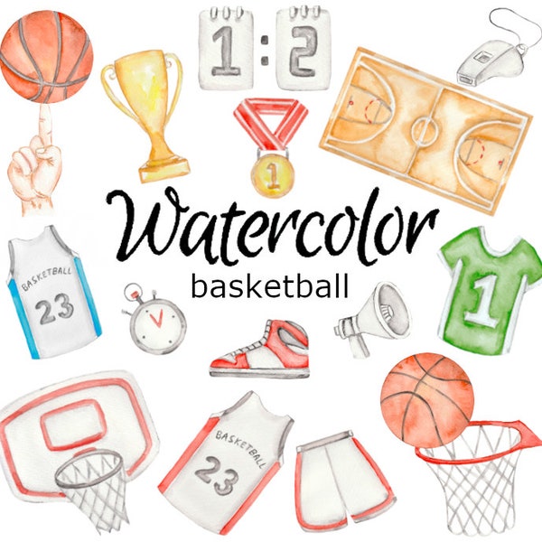 CLIPART aquarelle, basket-ball sport art balle png graphiques aquarelle illustration croquis peinture clip art net uniforme jeu joueur chaussures