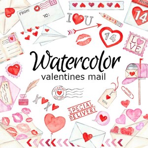 CLIPART DE ACUARELA correos de San Valentín corazones scrapbooking gráficos PNG ilustración de acuarela correo cartas sobre clip art día de San Valentín
