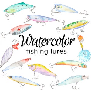 WATERCOLOR CLIPART, fishing lures clip art scrapbooking ocean animals png, graphics, watercolour, illustration sketch painting boat fish