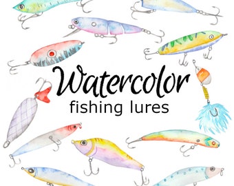 WATERCOLOR CLIPART, fishing lures clip art scrapbooking ocean animals png, graphics, watercolour, illustration sketch painting boat fish
