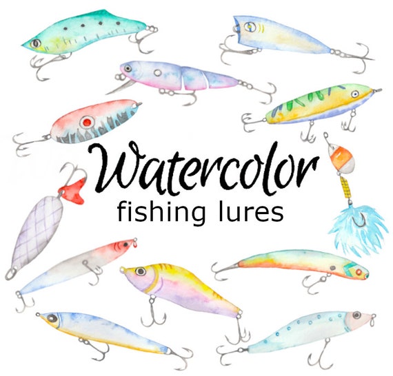 WATERCOLOR CLIPART, fishing lures clip art scrapbooking ocean animals png,  graphics, watercolour, illustration sketch painting boat fish