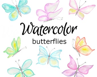 May include: Watercolor butterflies in shades of blue, green, pink, and yellow. The butterflies are painted in a whimsical style and would be perfect for adding a touch of nature to any project.