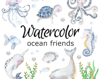 May include: Watercolor illustration of ocean friends, including a jellyfish, turtle, octopus, seahorse, narwhal, whale, and fish. The illustration is on a white background with the text "Watercolor ocean friends".