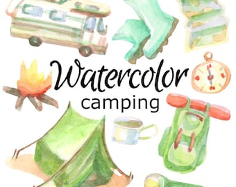Watercolor Camping Clipart: PNG Graphics for Scrapbooking