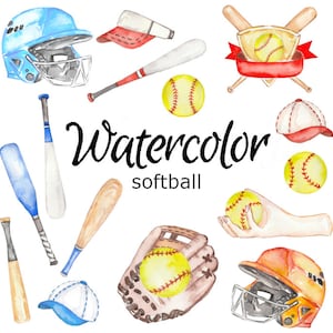 Op de afbeelding: Waterverfillustratie van softbaluitrusting, waaronder knuppels, ballen, handschoenen, helmen en een vangmasker. De illustratie is op een witte achtergrond met de tekst "Watercolor softball" in zwart.