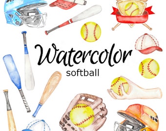 WATERCOLOR CLIPART, softball sport art ball png graphics watercolour illustration sketch painting clip art net uniform game player shoes