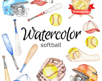 WATERCOLOR CLIPART, softball sport art ball png graphics watercolour illustration sketch painting clip art net uniform game player shoes