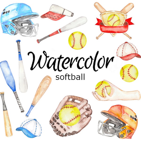 WATERCOLOR CLIPART, softball sport art ball png graphics watercolour illustration sketch painting clip art net uniform game player shoes