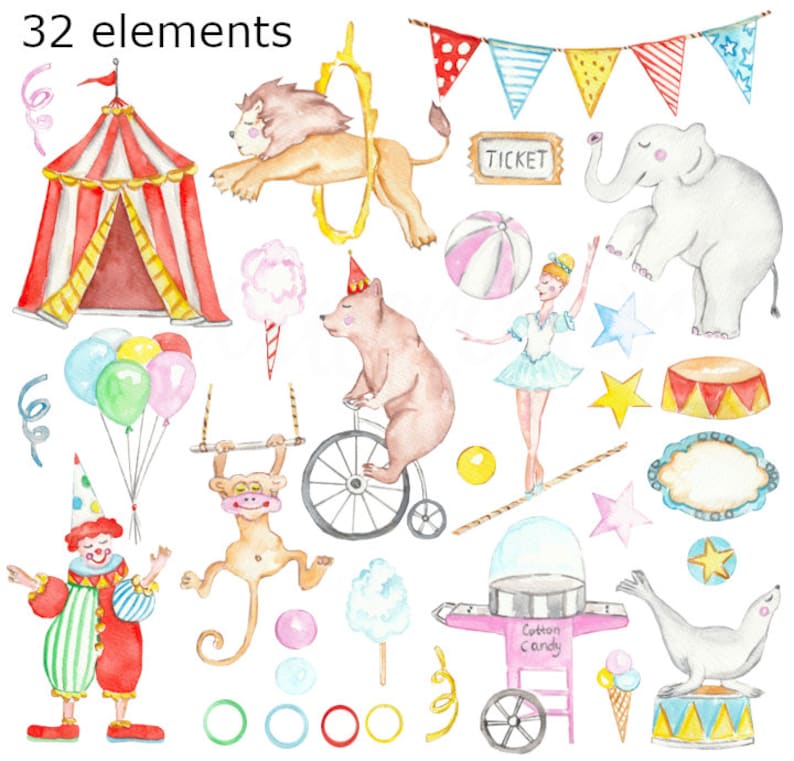 Watercolor Circus Clipart: Carnival Animals Illustration (PNG) - Etsy