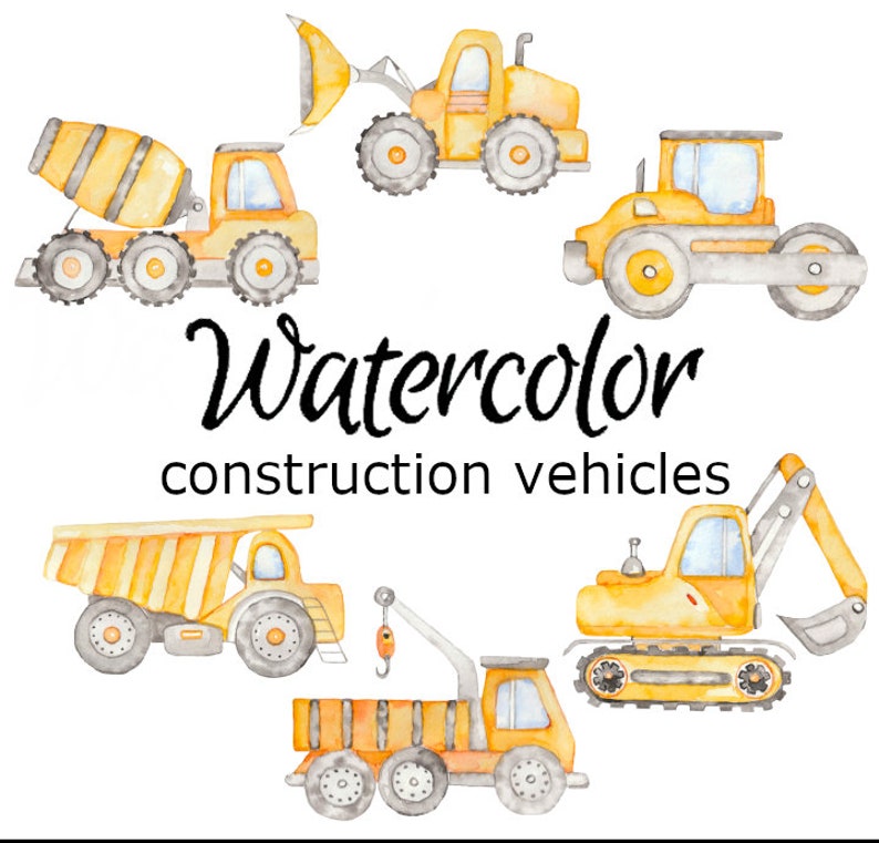 WATERCOLOR CLIPART, construction vehicles art scrapbooking library png, graphics, watercolour, illustration sketch painting clip art car image 1