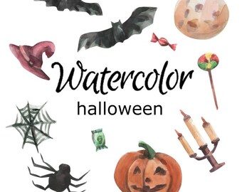 WATERCOLOR CLIPART Halloween Png Grafik Aquarell Illustration Skizze Malerei Clip Art Süßigkeiten Süßigkeiten Fledermaus Spinne Kürbis Jack-o-Laterne