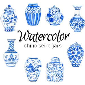 May include: Watercolor illustration of eight blue and white chinoiserie jars with various floral and geometric patterns. The jars are arranged in a circle with the text "Watercolor chinoiserie jars" in the center.