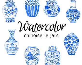Imágenes prediseñadas de tarros de acuarela estilo chinoiserie: gráficos PNG para scrapbooking