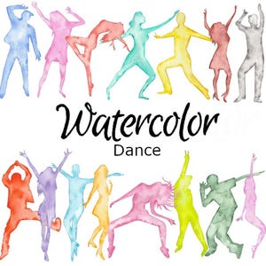 Puede incluir: Ilustración de acuarela de un grupo de personas bailando. Las siluetas están pintadas en varios colores, incluyendo azul, rosa, amarillo, verde y rojo. El texto "Watercolor Dance" está escrito debajo de los bailarines.