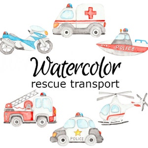 WATERCOLOR CLIPART, rescue vehicles art scrapbooking library png, graphics, watercolour, illustration sketch painting clip art transport car