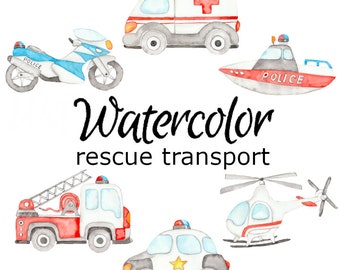 WATERCOLOR CLIPART, rescue vehicles art scrapbooking library png, graphics, watercolour, illustration sketch painting clip art transport car