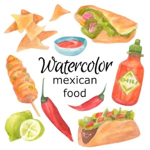 WATERCOLOR CLIPART, mexican food scrapbooking png graphics watercolour illustration sketch painting clip art taco nacho burrito elote lime