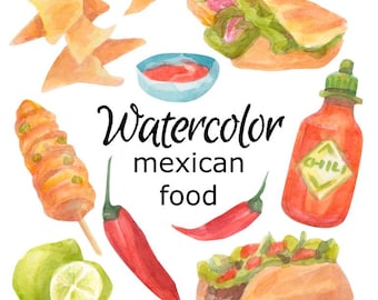 Clipart de comida mexicana en acuarela: taco, burrito, elote (PNG)