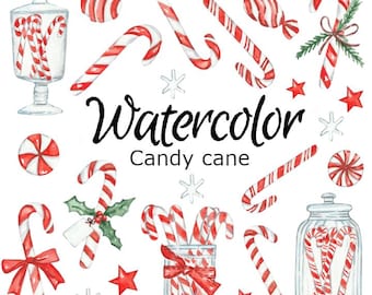 May include: Watercolor illustration featuring various red and white candy canes, candies, and jars. The image includes the text "Watercolor Candy cane". Decorative elements include red stars and snowflakes, perfect for holiday-themed designs.