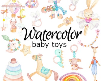 WATERCOLOR CLIPART, baby toys art scrapbooking library png, graphics watercolour illustration sketch painting clip art nursery vintage retro