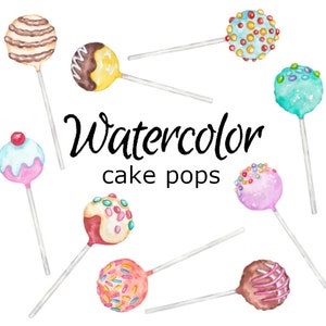 May include: Watercolor cake pops with various toppings and colors, including chocolate, sprinkles, and cherries. The cake pops are on sticks and arranged in a circle.