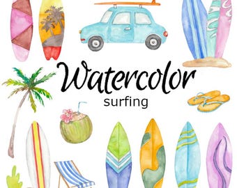 Aquarell Surfen Clipart Set: Strand & Surfbrett Grafiken (PNG)